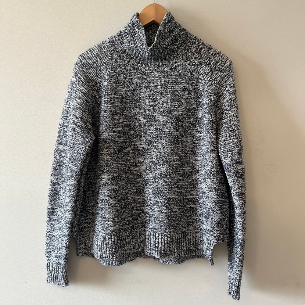 Madewell Marled Funnel Neck Sweater Navy White Medium Side Slit Hem